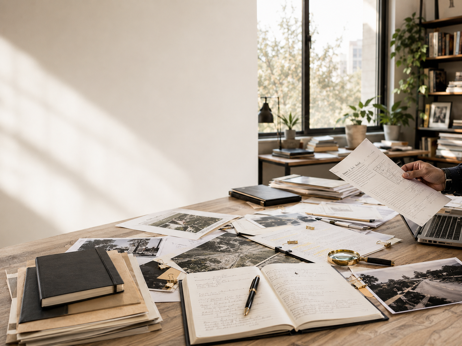 Archival desk with public records, documents, photographs and research materials