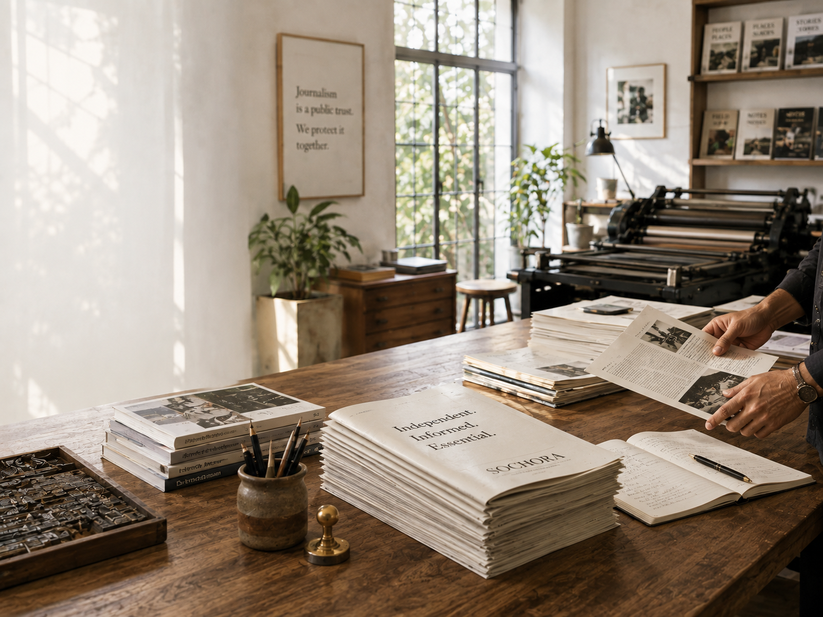 SOCHORA investigative journalism workspace with research materials and support environment
